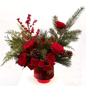 Red rose and pine Christmas Flowers Centerpiece from Dushan Flowers in Vancouver.
